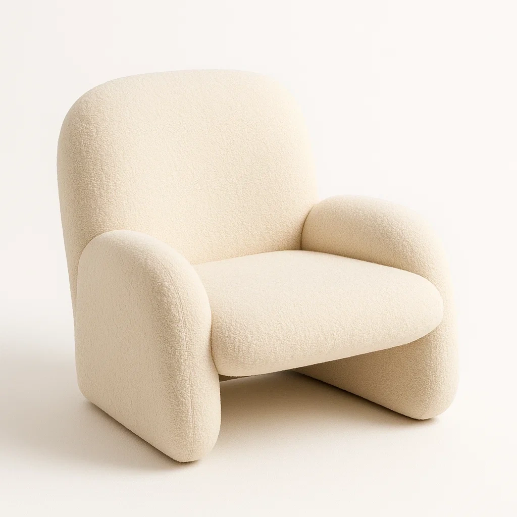 Sillón de tela bouclé crema con estructura de madera
