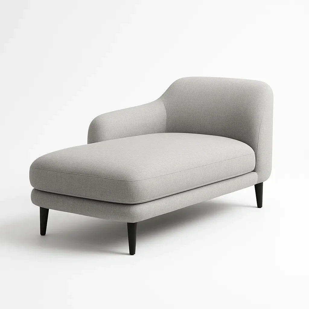Chaise longue de tela gris con patas de madera