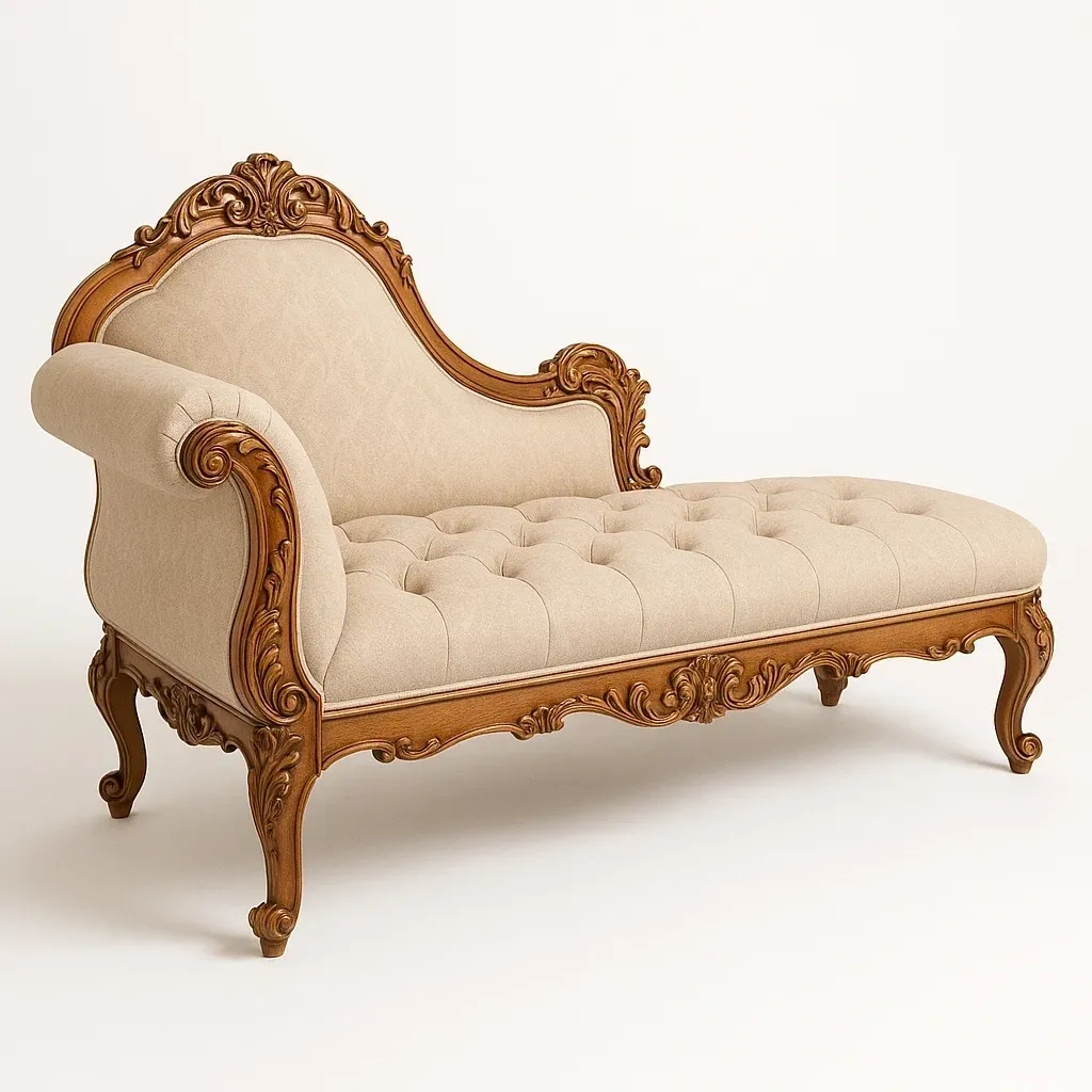 Chaise longue de madera y tela de algodón beige