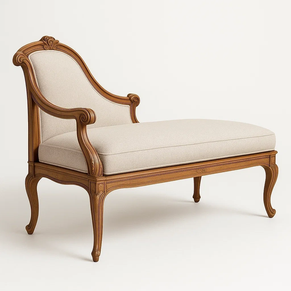 Chaise longue de madera con tapicería de lino beige