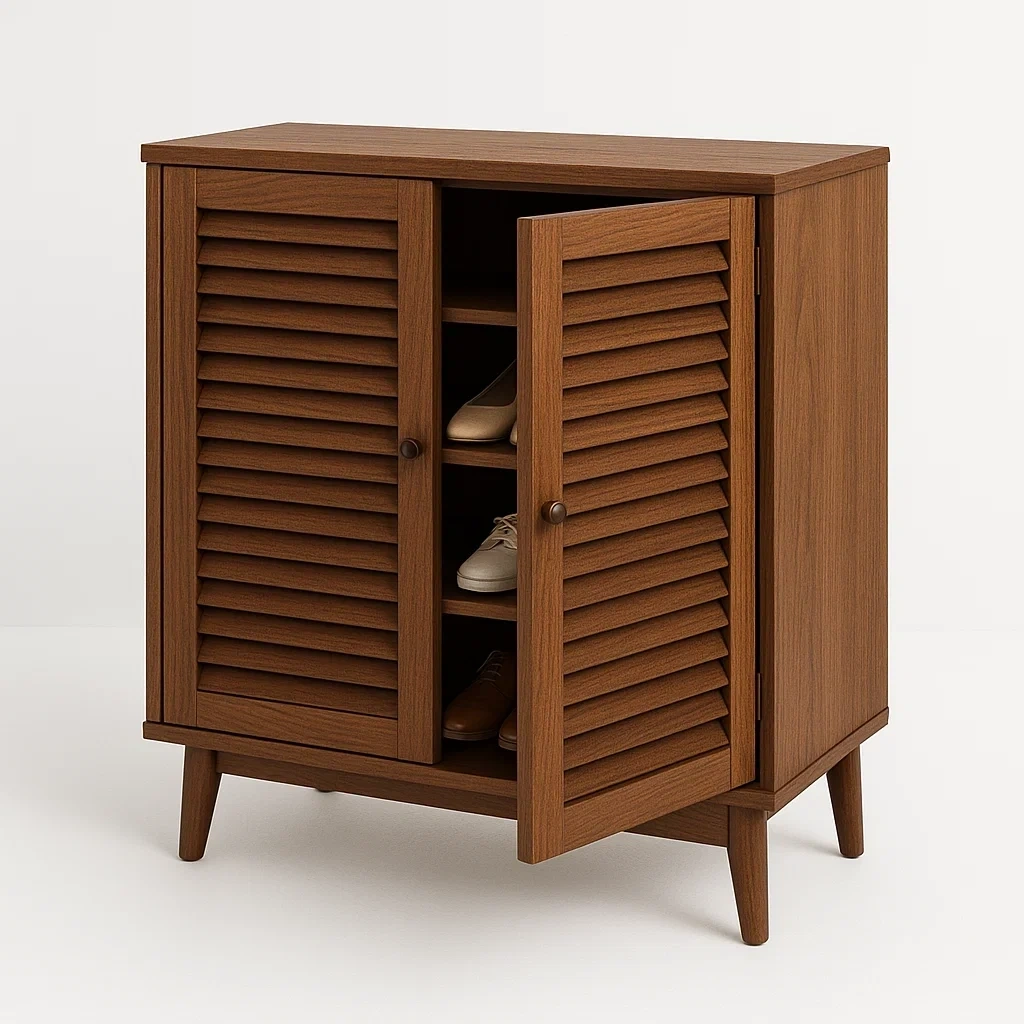 Zapatero para zapatos de madera marrón con puertas persiana