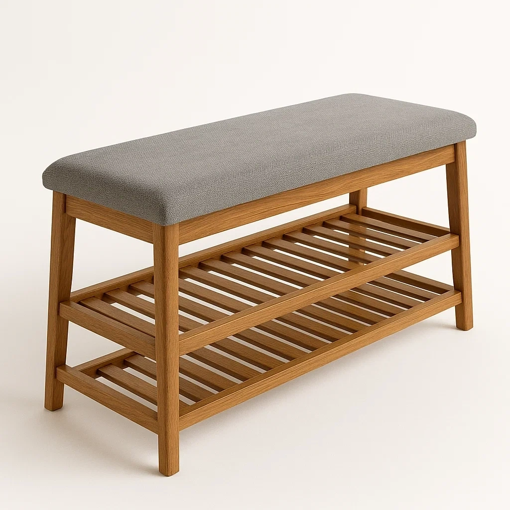 Banco de entrada zapatero de madera con asiento de tela gris