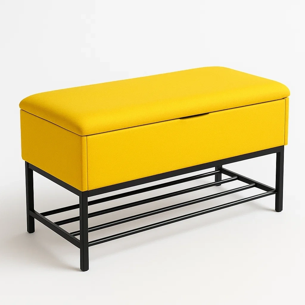 Banco de entrada de almacenamiento tapizado en tela poliéster amarillo con estructura metálica