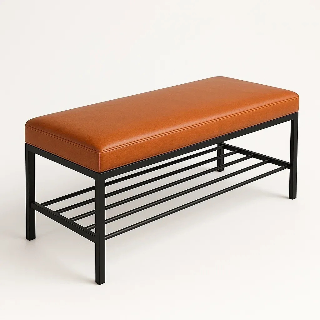 Banco de entrada de piel sintética marrón con estructura metálica negra