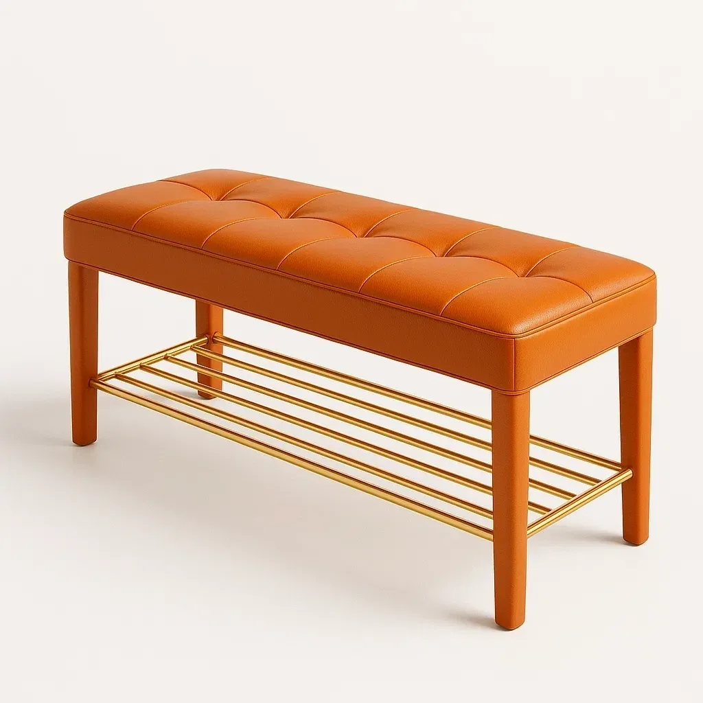 Banco de entrada tapizado de piel sintética naranja con estante metálico dorado 100x40x45 cm