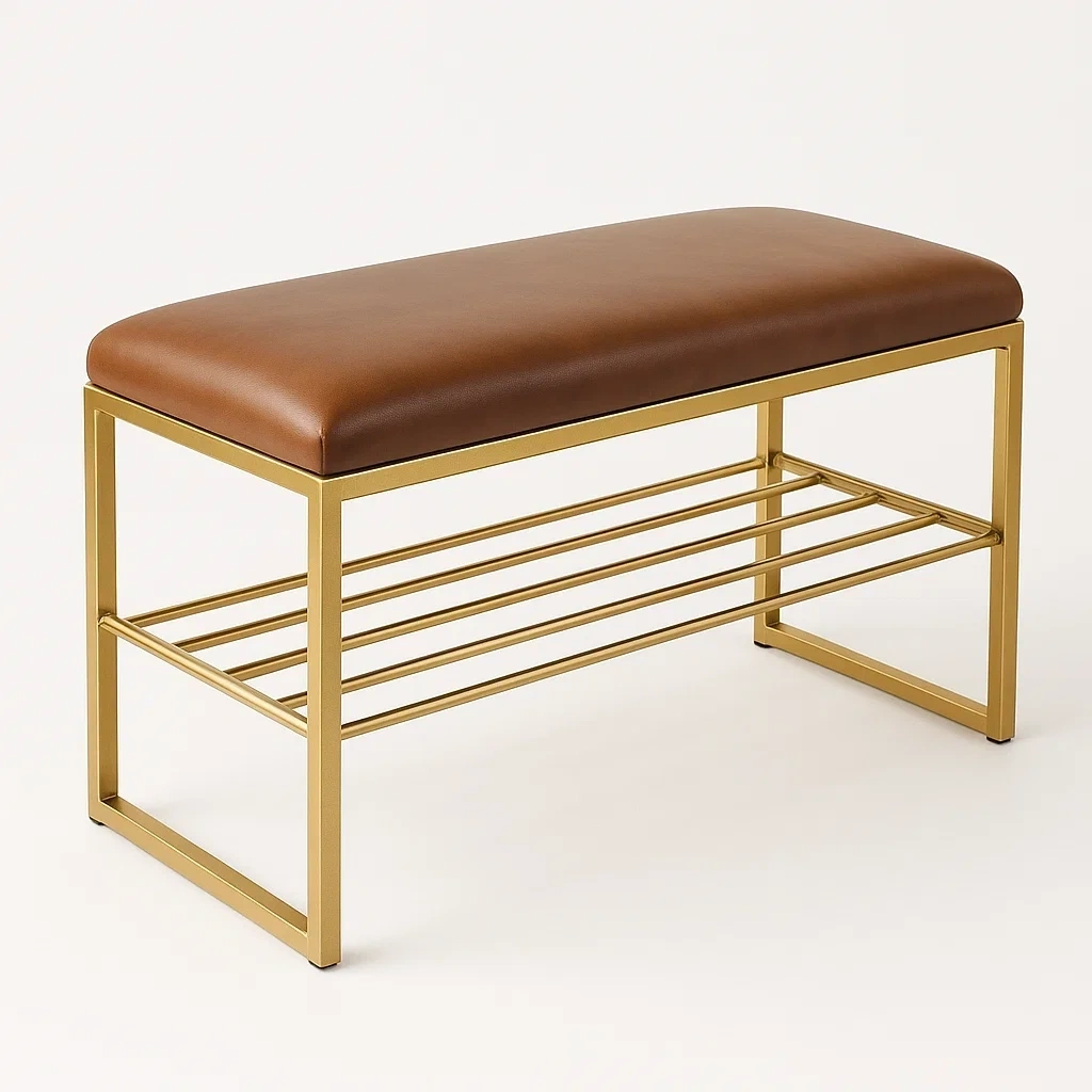 Banco de entrada zapatero con asiento de piel sintética marrón y base metálica dorada 85x40x45cm