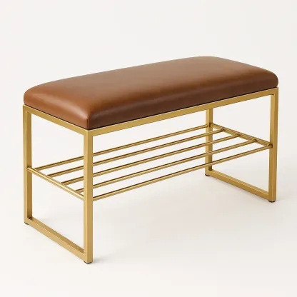 Banco de entrada zapatero con asiento de piel sintética marrón y base metálica dorada 85x40x45cm
