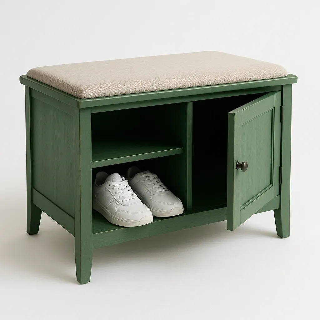 Banco zapatero de madera con cojín de lino verde 76x45x35 cm
