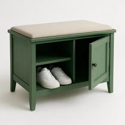 Banco zapatero de madera con cojín de lino verde 76x45x35 cm