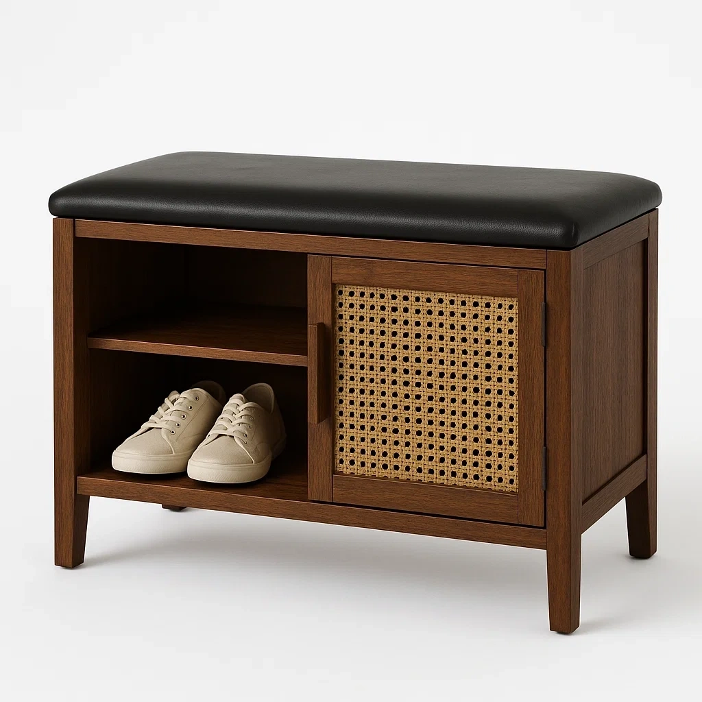 Banco zapatero de almacenamiento madera contrachapada negro 50x90x35 cm con mimbre