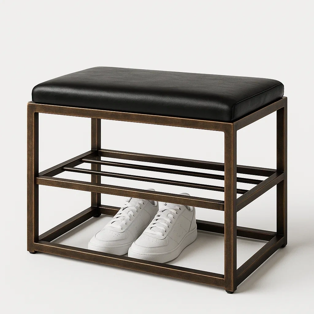 Banco zapatero para Zapatos de PU Negro con Estructura Metálica Bronce