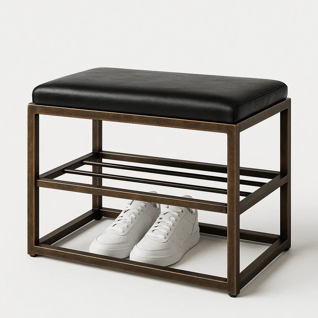 Banco zapatero para Zapatos de PU Negro con Estructura Metálica Bronce