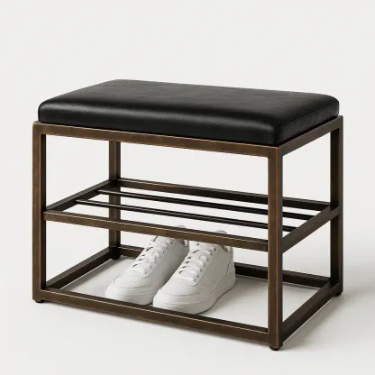 Banco zapatero para Zapatos de PU Negro con Estructura Metálica Bronce