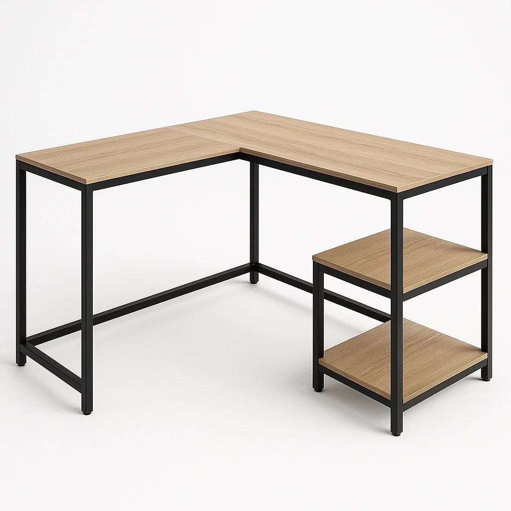 Escritorio en L de madera y metal negro con estantes