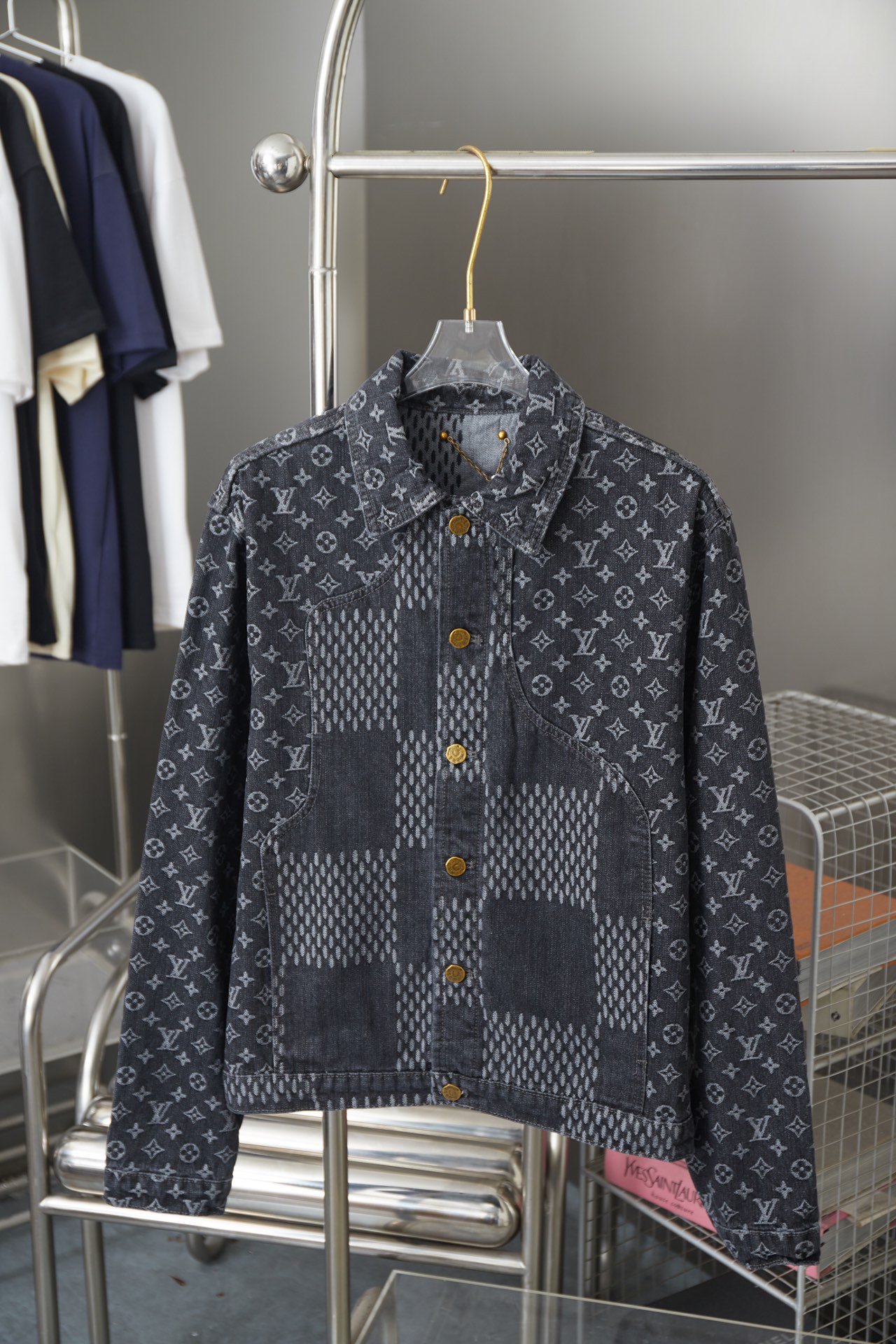 Checkerboard Print Long Sleeved Denim Jackets