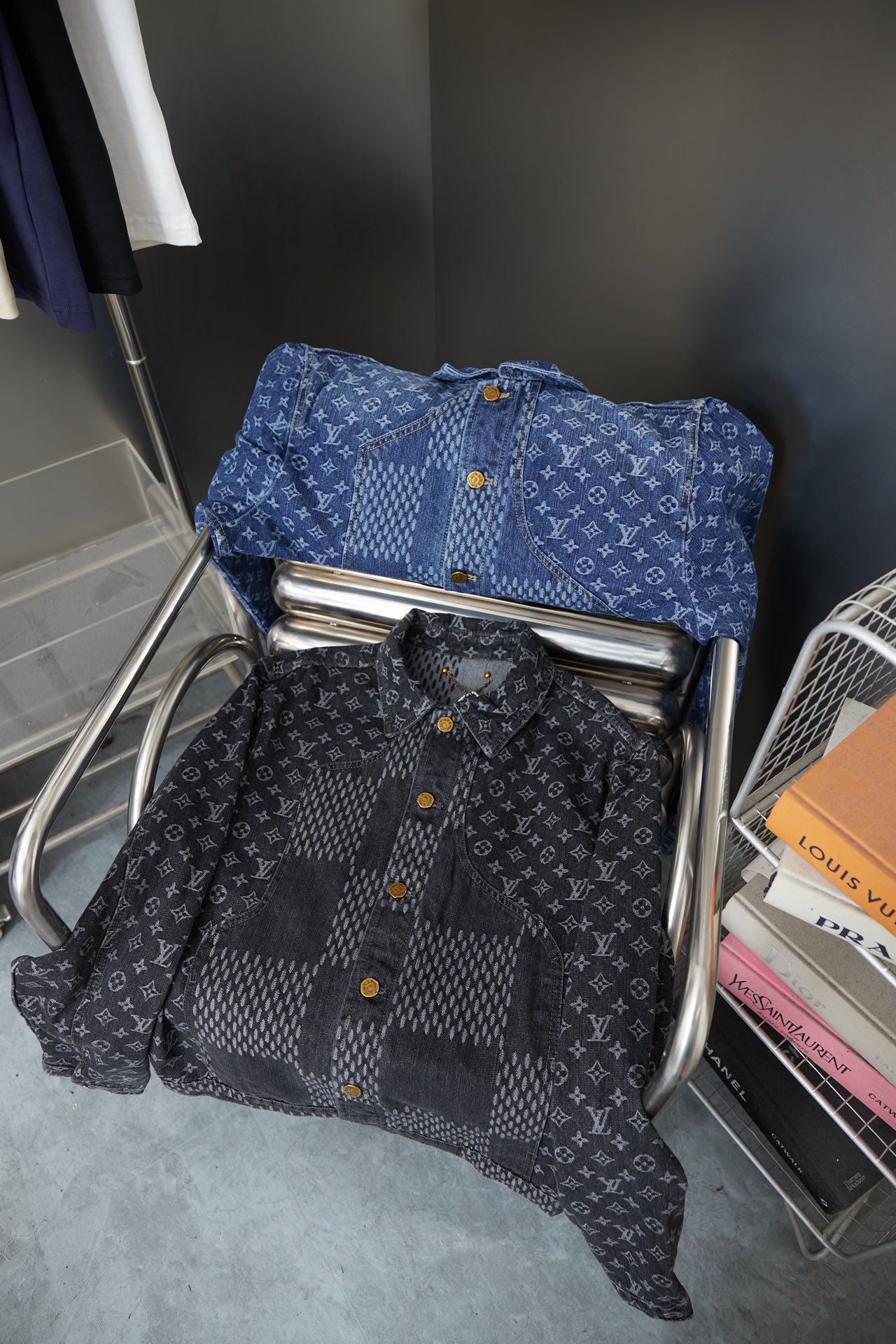 Checkerboard Print Long Sleeved Denim Jackets