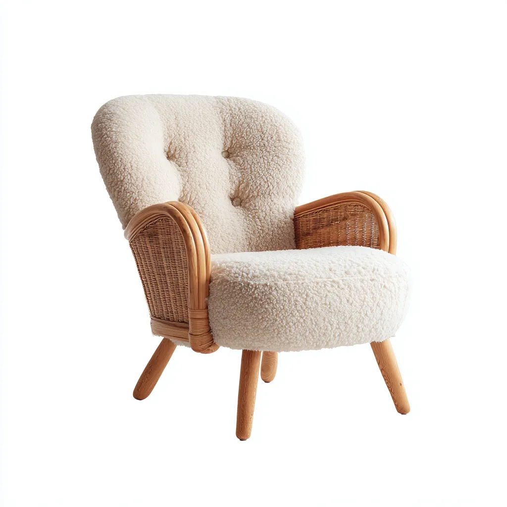 Poltrona tessuto bianco e rattan 80x75x85 cm - struttura in legno - elegante e comoda con gambe in legno-Airyora