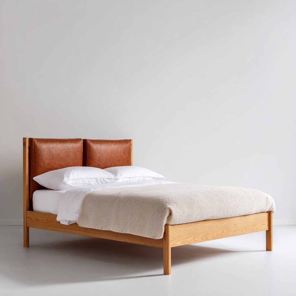 Letto matrimoniale in legno con testiera in pelle 200x160x100 cm - marrone-naturale - design moderno-Airyora