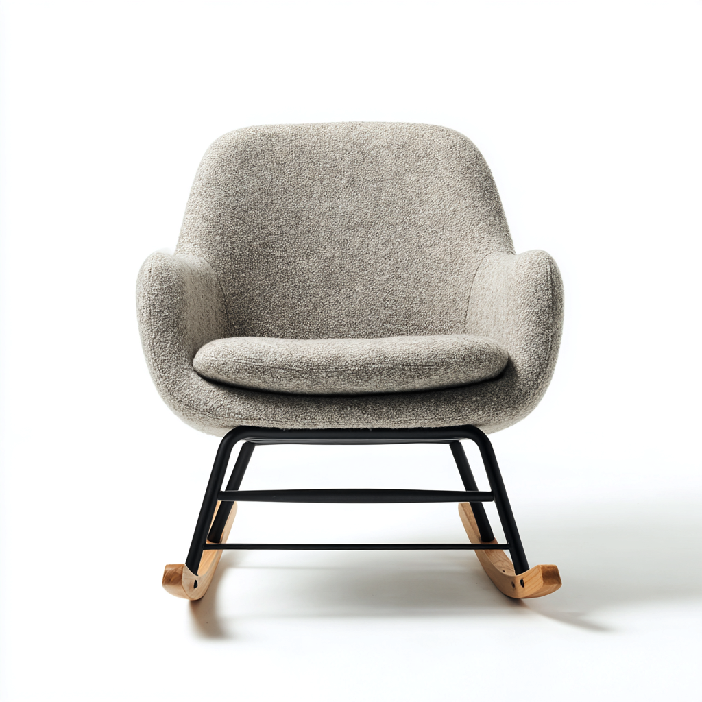 Sedia a dondolo in tessuto bouclé 79x75x90 cm - grigio chiaro-nero-legno naturale - stile moderno-Airyora