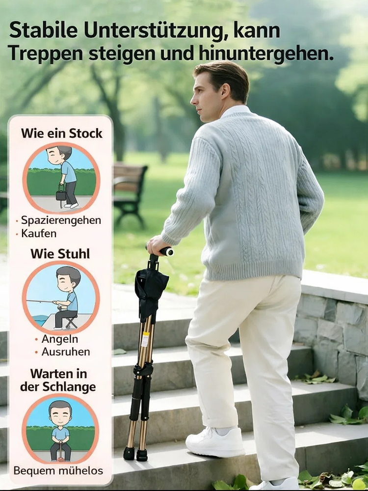 2-in-1 Gehstock mit integriertem Sitz – Klappbarer Spazierstock✨️Belastbar bis 200kg👍️ Ultra Leicht 600g – Ideal für Senioren💨 Wandern & Reise