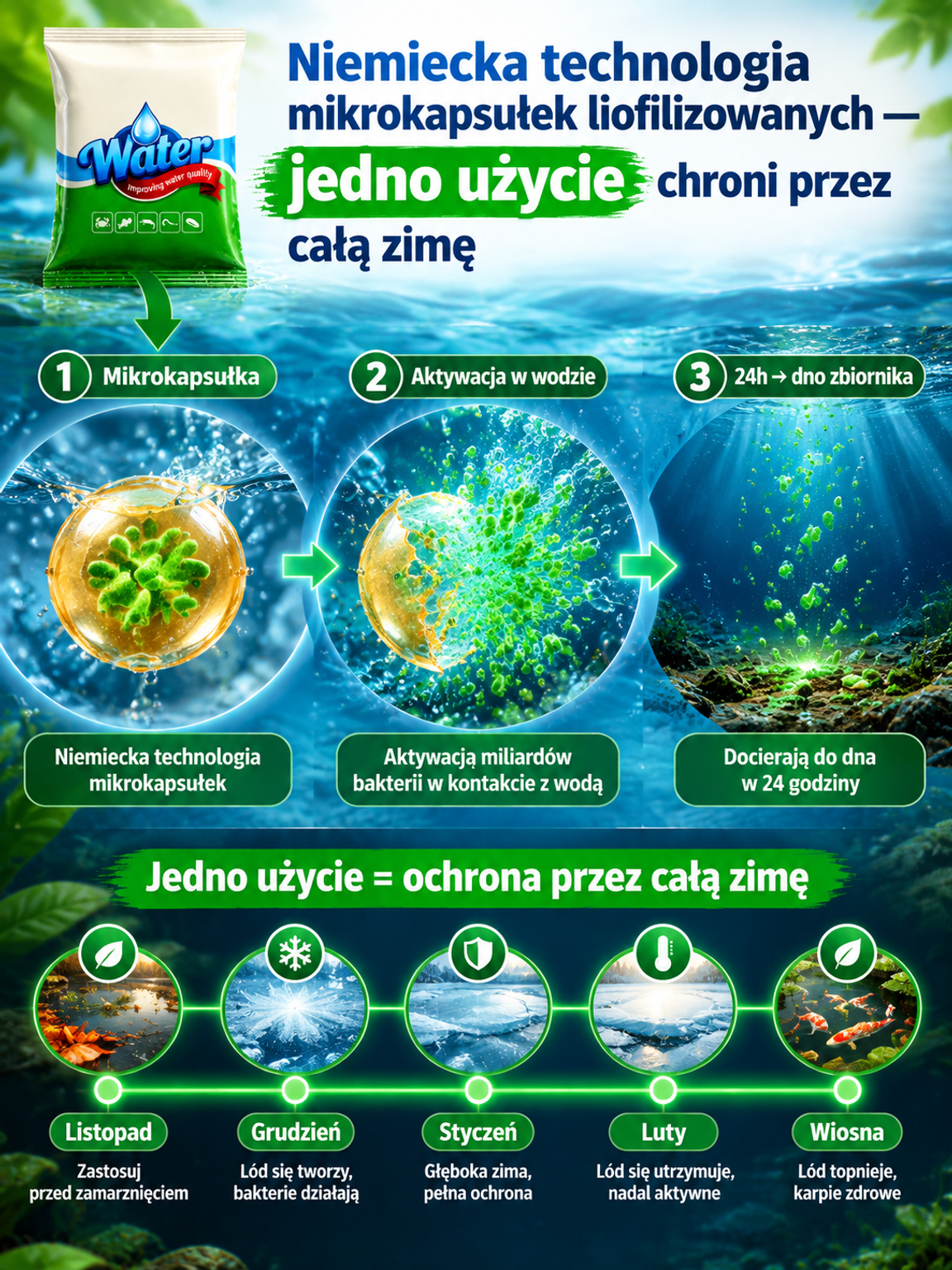 Środek do oczyszczania wody w hodowli rybnej, nieszkodliwy dla ryb i krewetek✅ [100% Biologiczny] ❄️ [Aktywny w 0°C] 🚀 [1 Saszetka = 6700m²] 🚚 [Darmowa Wysyłka]