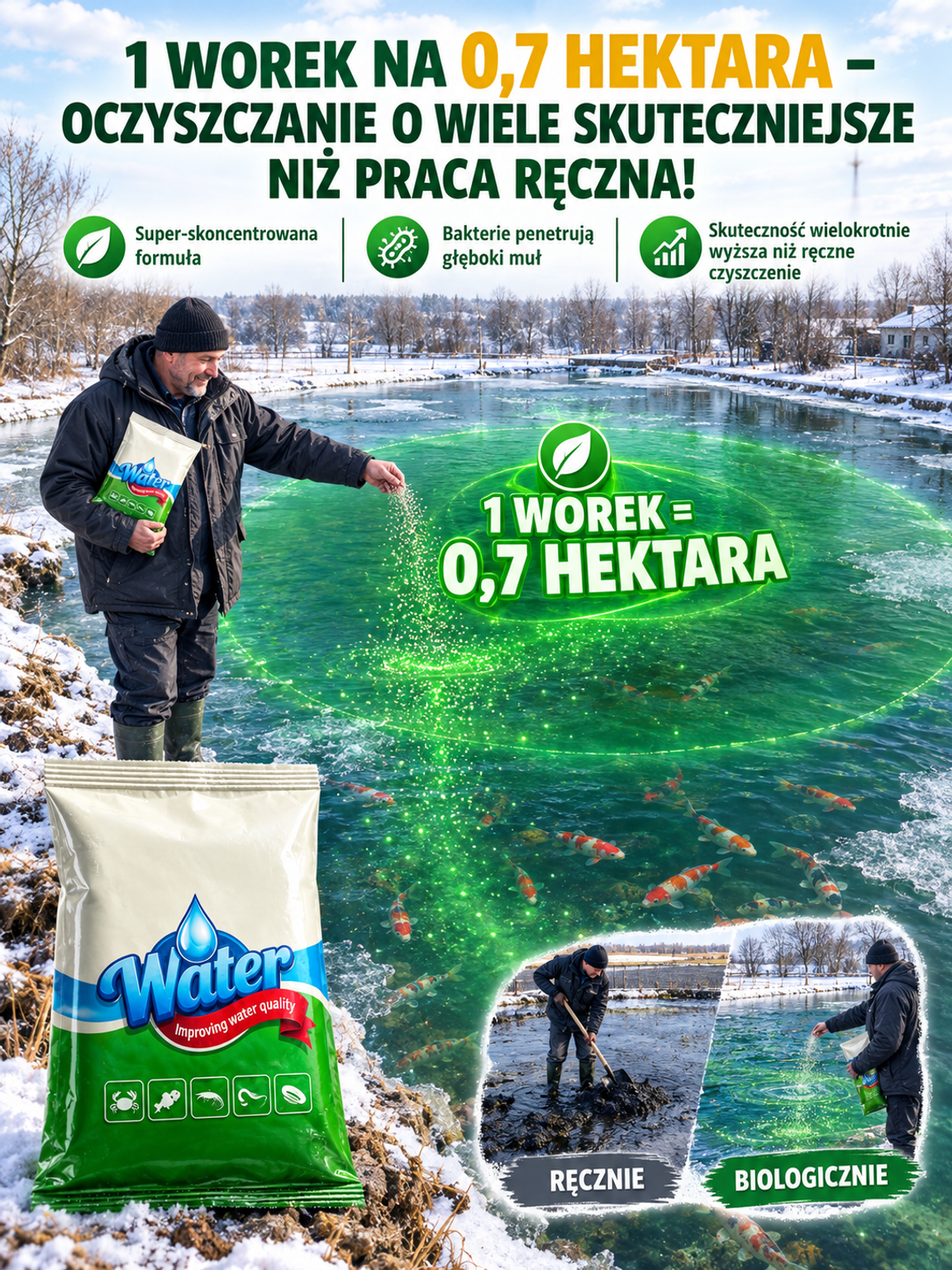 Środek do oczyszczania wody w hodowli rybnej, nieszkodliwy dla ryb i krewetek✅ [100% Biologiczny] ❄️ [Aktywny w 0°C] 🚀 [1 Saszetka = 6700m²] 🚚 [Darmowa Wysyłka]