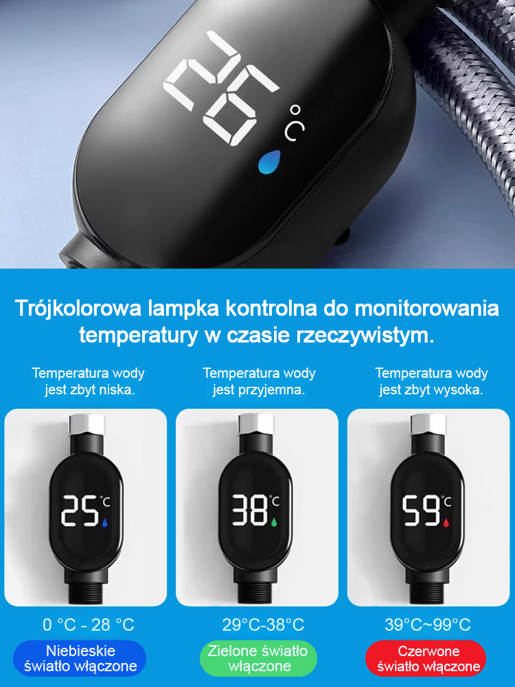 Inteligentny, wodoszczelny wyświetlacz temperatury do słuchawki prysznicowej