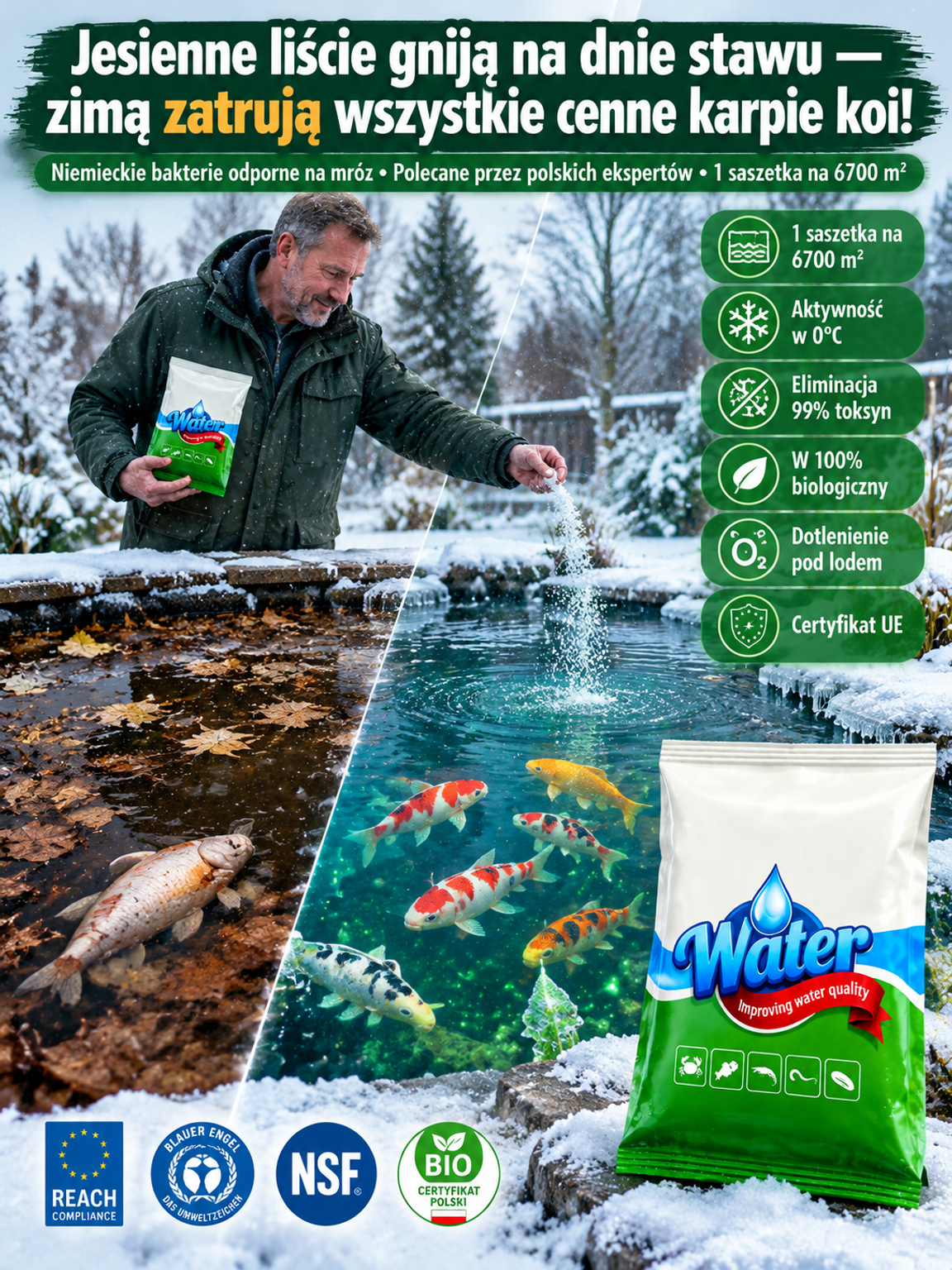 Środek do oczyszczania wody w hodowli rybnej, nieszkodliwy dla ryb i krewetek✅ [100% Biologiczny] ❄️ [Aktywny w 0°C] 🚀 [1 Saszetka = 6700m²] 🚚 [Darmowa Wysyłka]