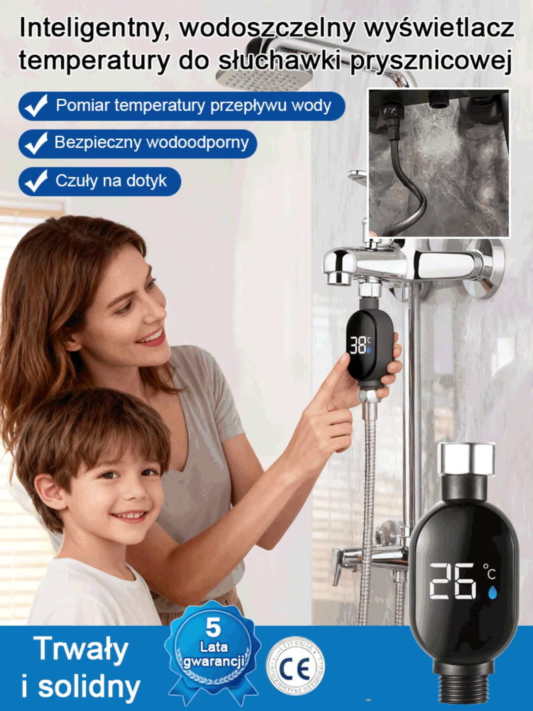 Inteligentny, wodoszczelny wyświetlacz temperatury do słuchawki prysznicowej🚿 Uniwersalny: Pasuje do Każdego Prysznica👴 Duży, Jasny Ekran (Idealny dla Seniorów)