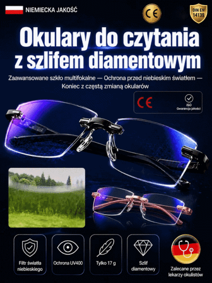 💎Ultralekkie diamentowe okulary bezoprawkowe do czytania| Anty-Niebieskie Światło| Czytanie, Komputer, Jazda| Odporne na Zarysowania🔥