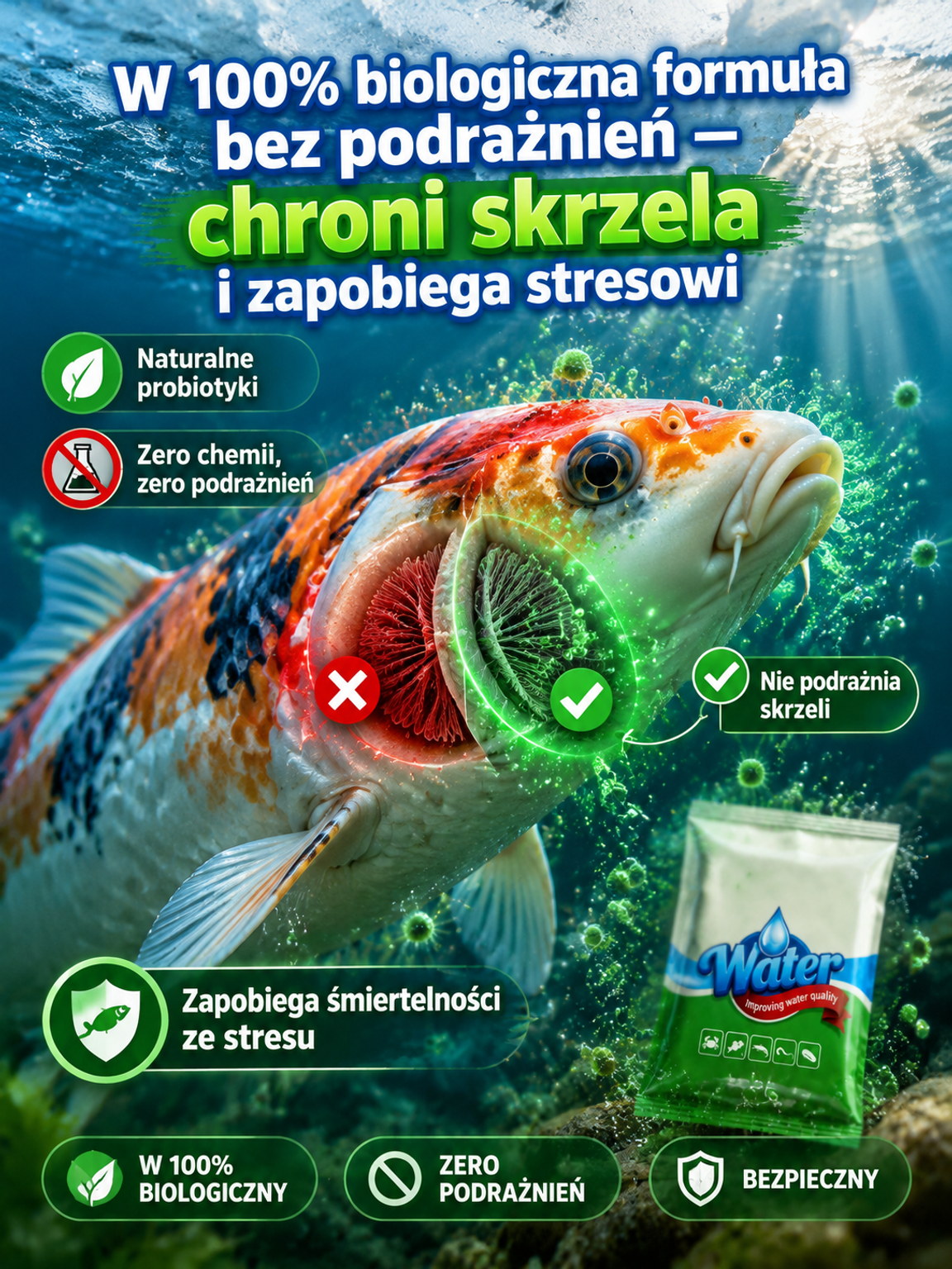 Środek do oczyszczania wody w hodowli rybnej, nieszkodliwy dla ryb i krewetek✅ [100% Biologiczny] ❄️ [Aktywny w 0°C] 🚀 [1 Saszetka = 6700m²] 🚚 [Darmowa Wysyłka]