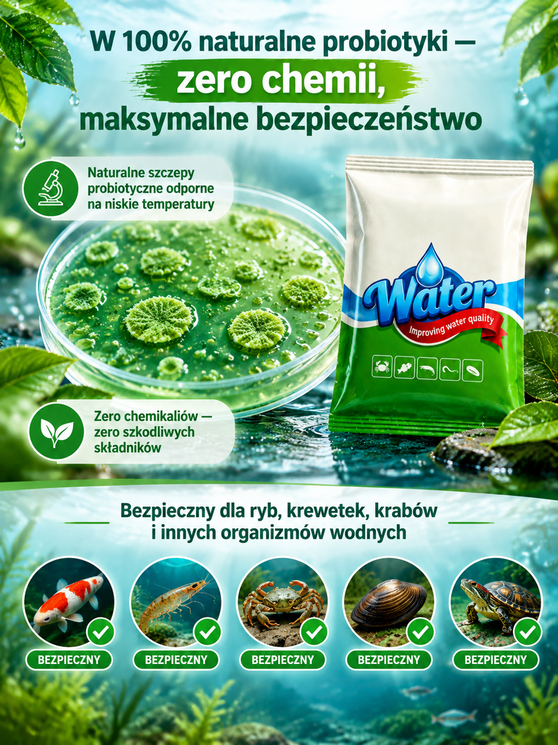 Środek do oczyszczania wody w hodowli rybnej, nieszkodliwy dla ryb i krewetek✅ [100% Biologiczny] ❄️ [Aktywny w 0°C] 🚀 [1 Saszetka = 6700m²] 🚚 [Darmowa Wysyłka]
