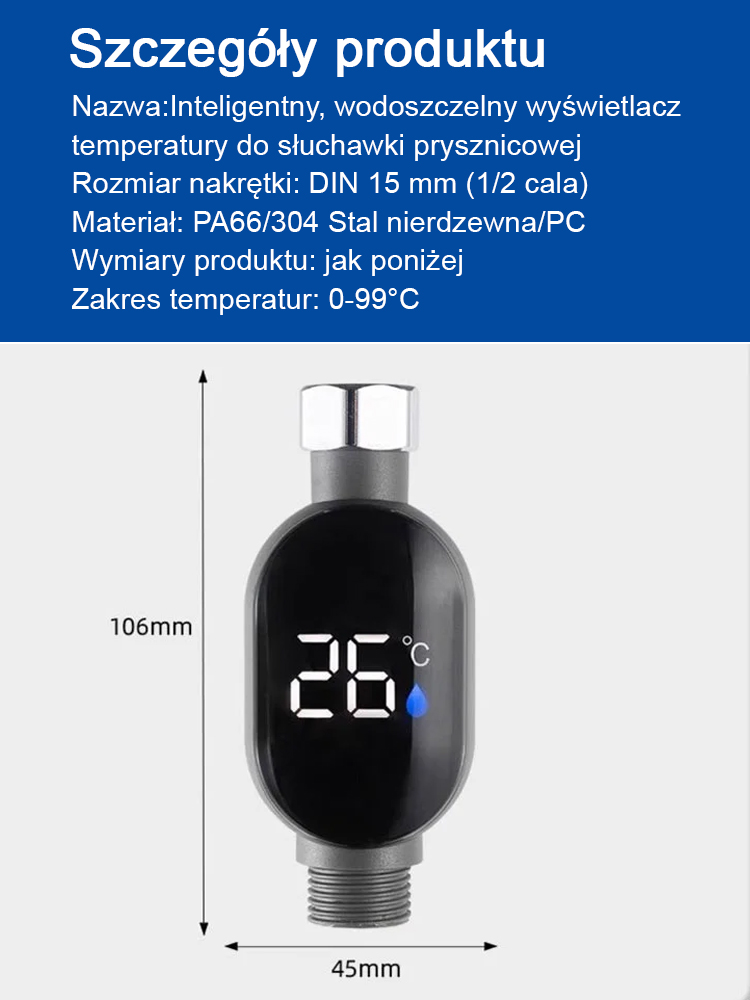 Inteligentny, wodoszczelny wyświetlacz temperatury do słuchawki prysznicowej