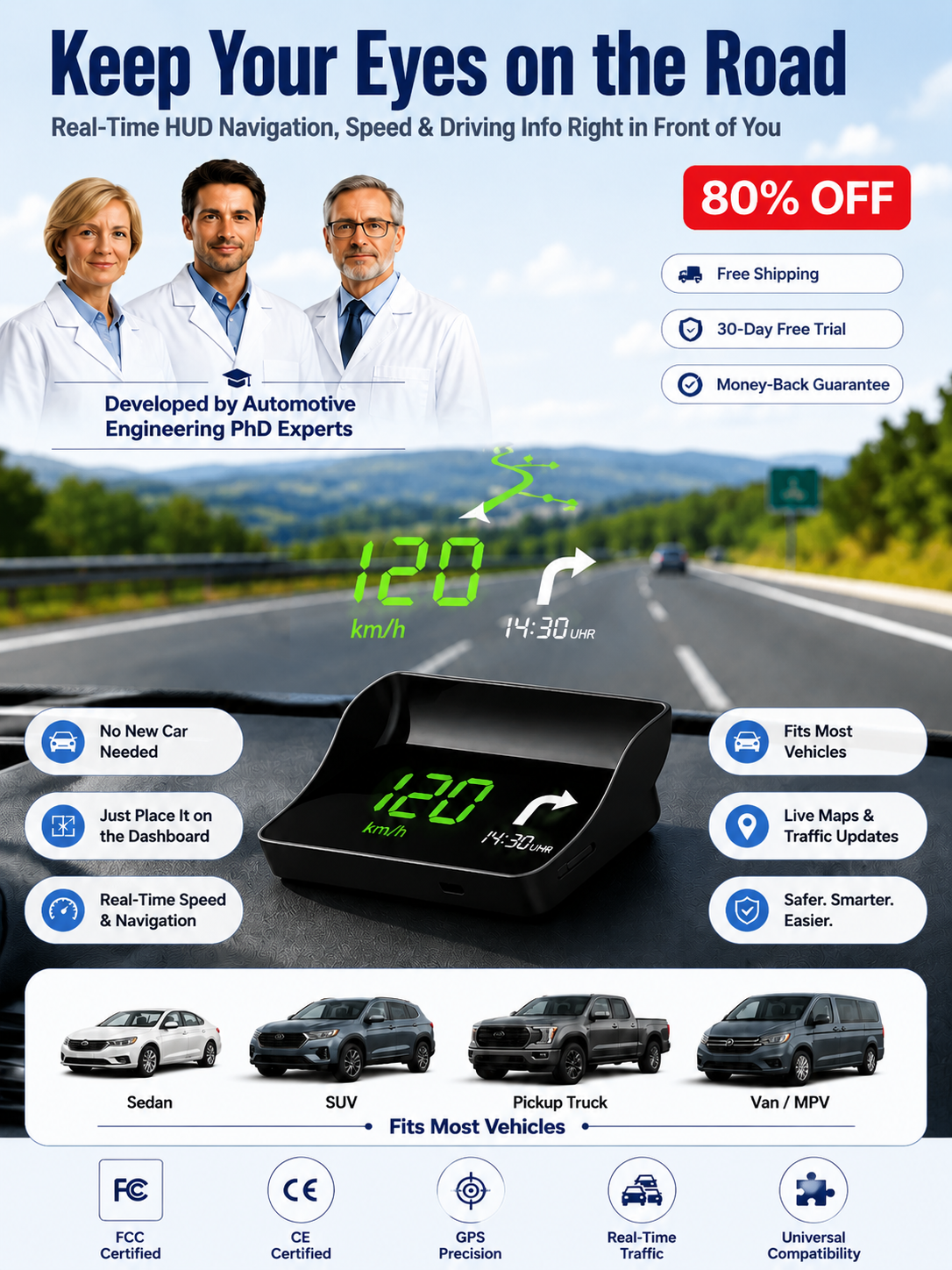 Instantly upgrade any vehicle to AI navigation in just 1 second!【Smart In-Car HUD Co-Pilot】Works on Sedans, SUVs, Pickups, RVs, and More!