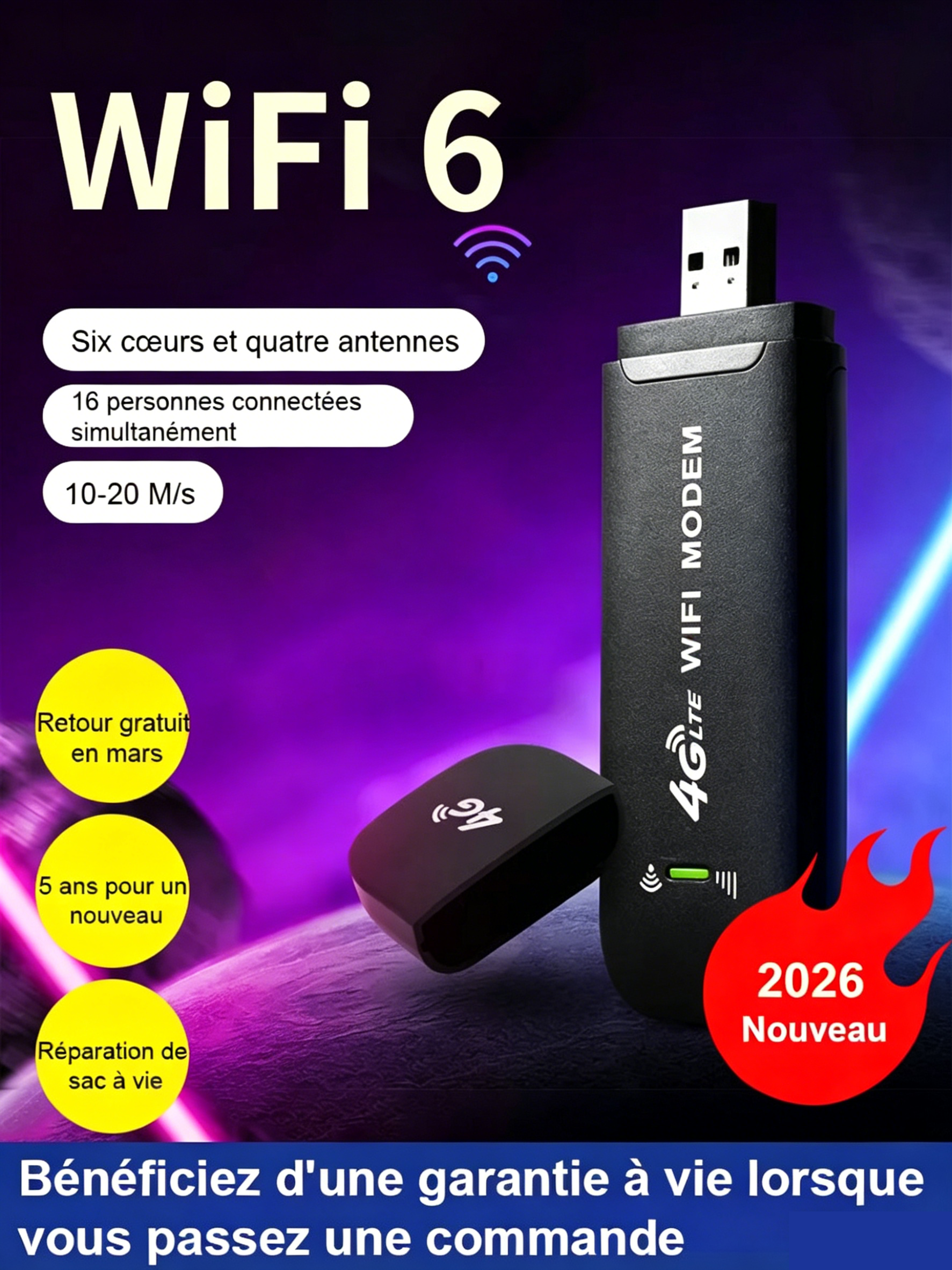 Routeur 4G Portable WiFi 6 - Clé USB Hotspot Mobile pour 16 Appareils