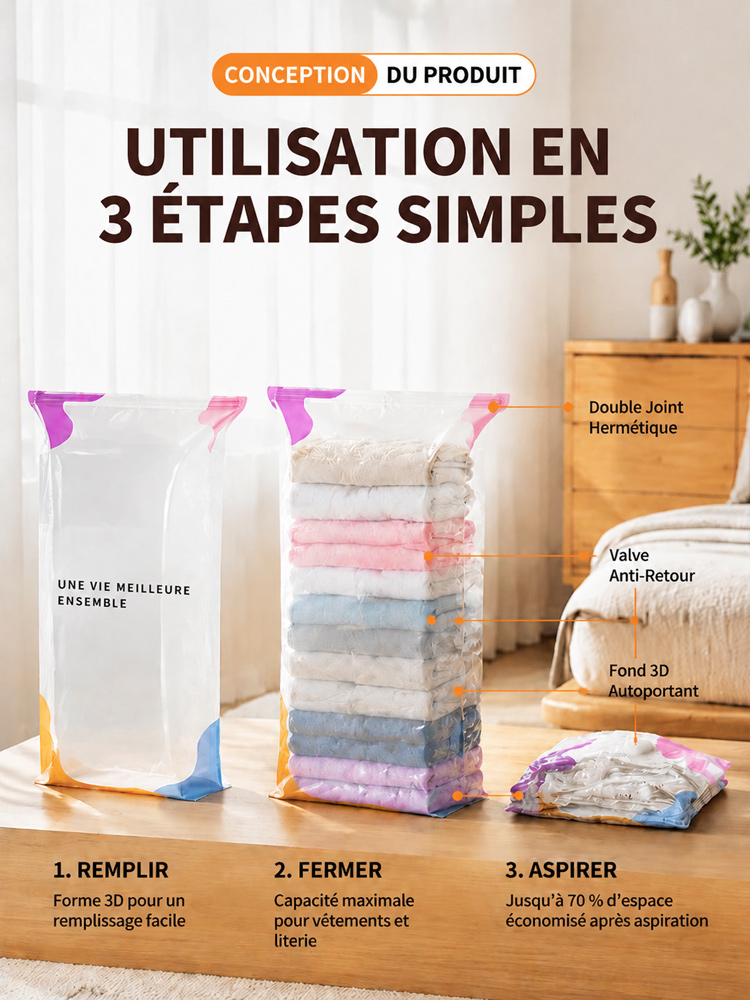 Sac de rangement à compression sous vide anti - rides stéréoscopique