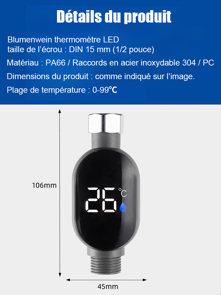 Affichage de température pour pommeau de douche intelligent et étanche