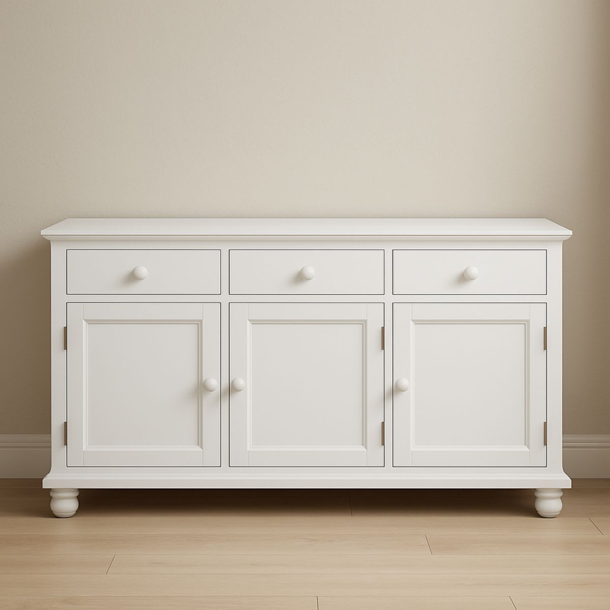 Buffet en bois blanc avec 3 tiroirs et 3 portes 150x45x85cm