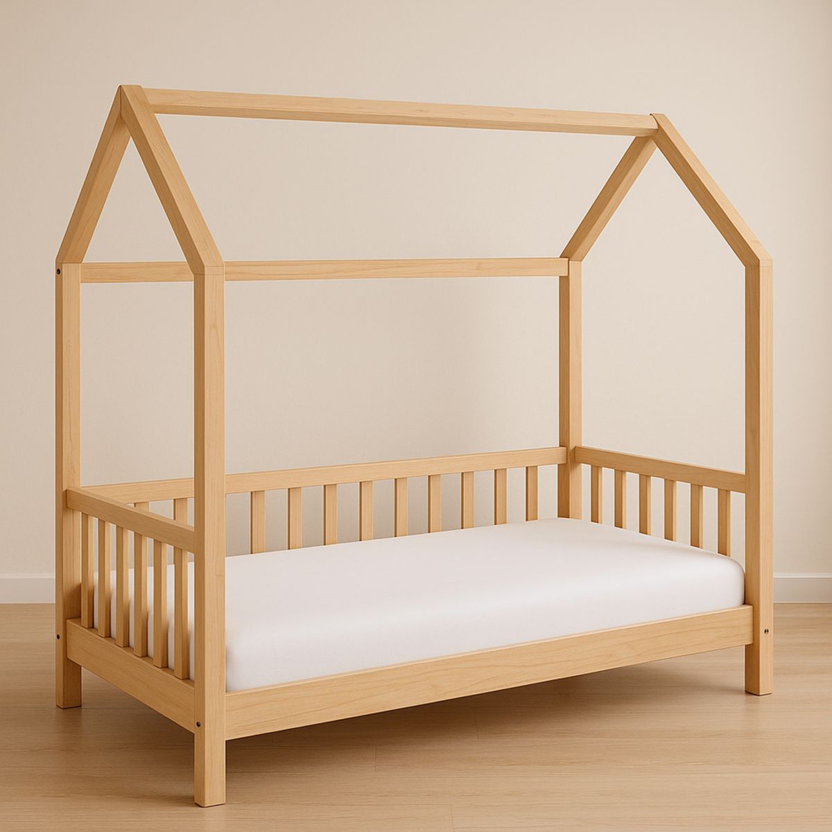 Lit Maison Enfant Bois Naturel Matelas 90x190 cm