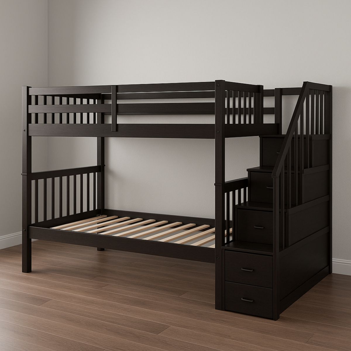 Lit superposé bois massif noir avec tiroirs intégrés et escalier
