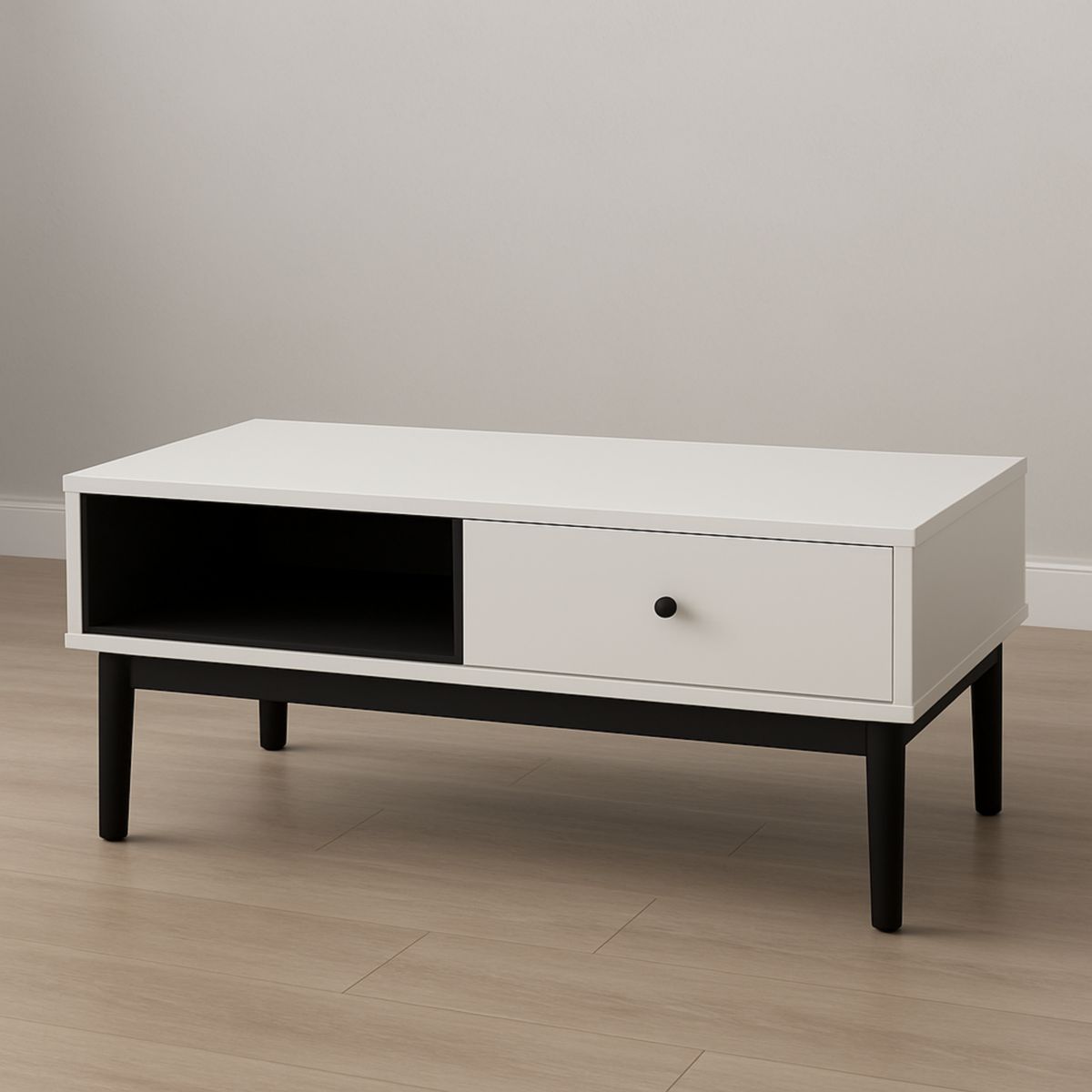 Table basse rectangulaire en bois et pieds en bois noir 110x60x45 cm blanc