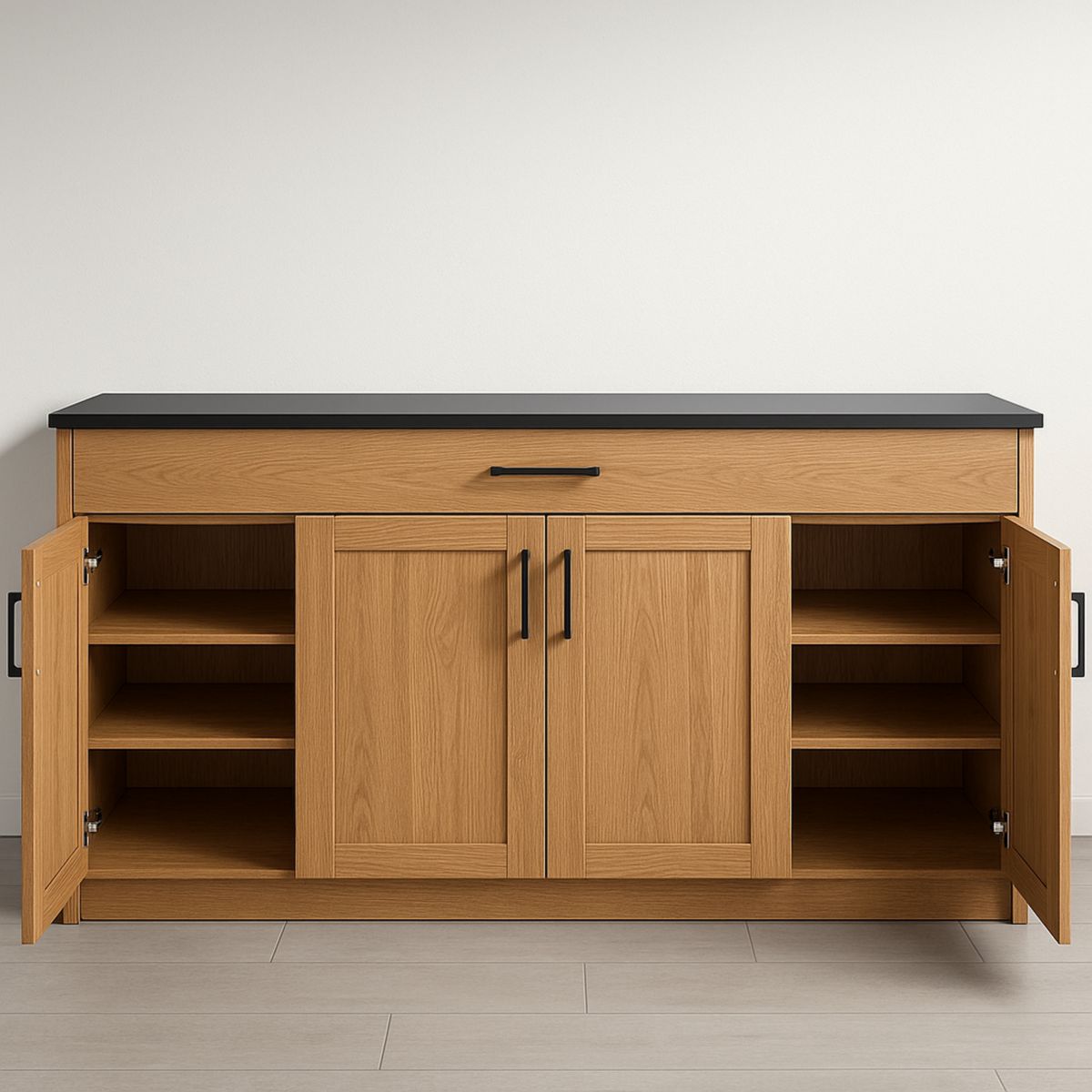 Buffet en bois massif avec plateau noir et portes doubles