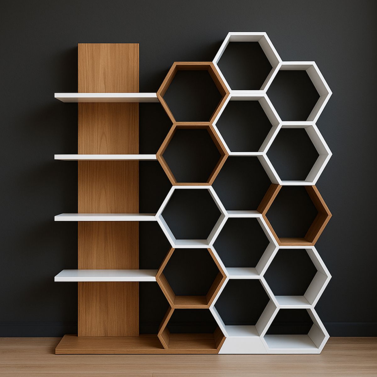Étagère Murale Hexagonale Bois et Blanc Forme Alvéole 180x120x30 cm