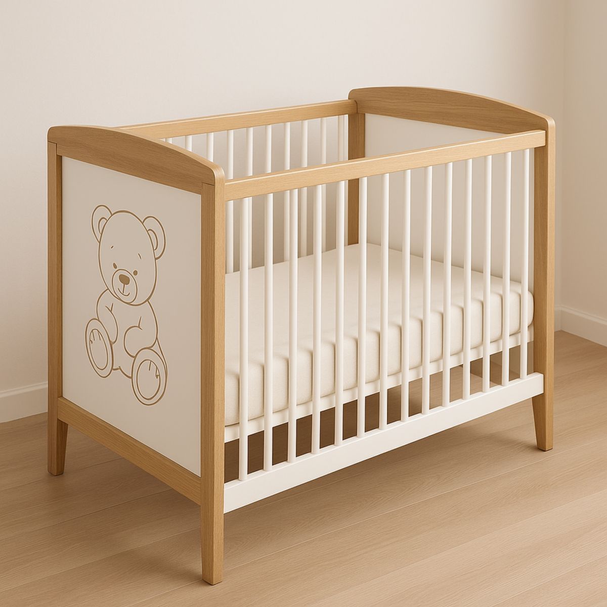 Lit bébé à barreaux en bois massif avec découpe ours EN 716
