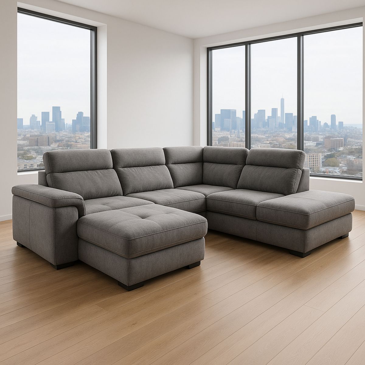 Canapé d'angle modulable 6 places tissu polyester gris