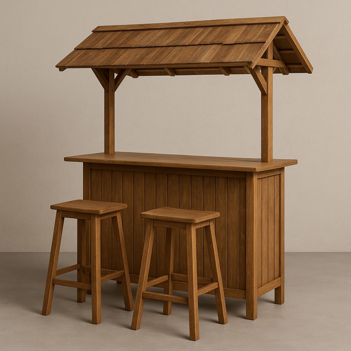 Ensemble de Bar Extérieur en Bois Teck Marron avec Toit et Tabourets