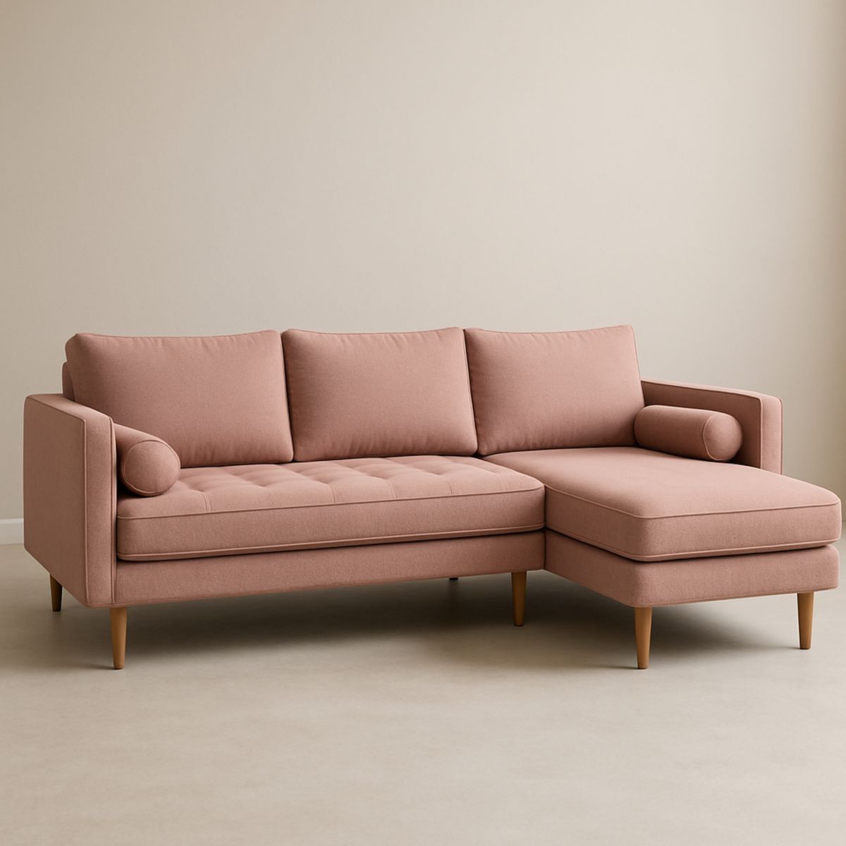 Canapé d'angle en tissu polyester rose avec pieds en bois 250x150x85 cm