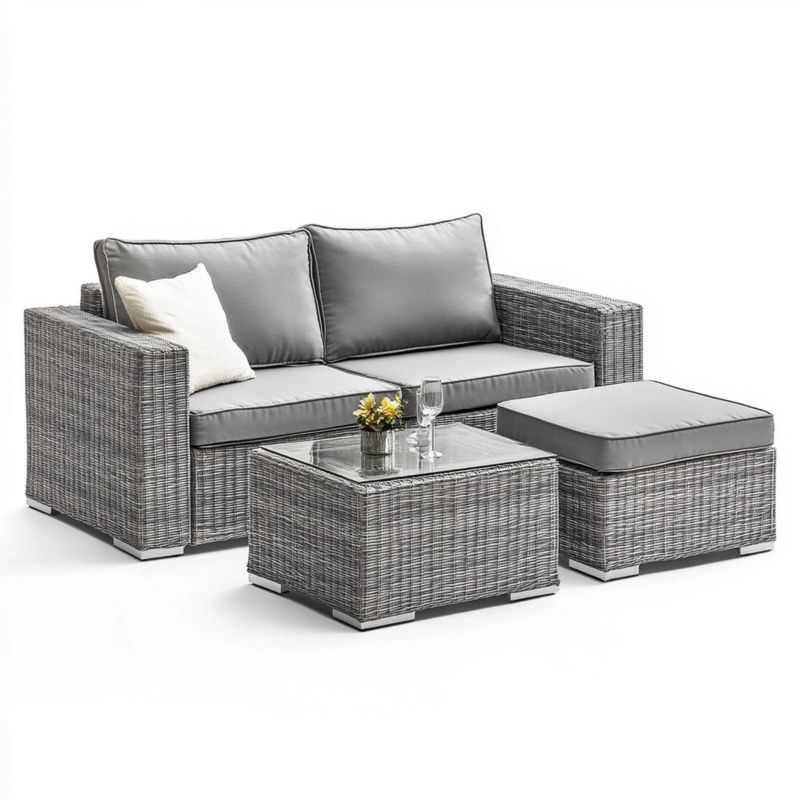 Salon de jardin 2 places en résine tressée avec table basse et pouf Gris pour terrasse