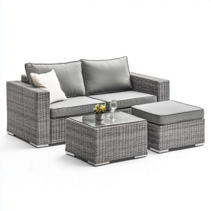 Salon de jardin 2 places en résine tressée avec table basse et pouf Gris pour terrasse