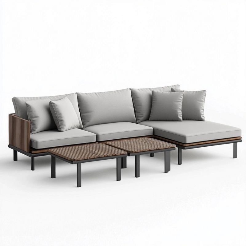 Canapé d’angle d’extérieur gris et blanc 280x140 cm en aluminium et bois – Salon de jardin détente